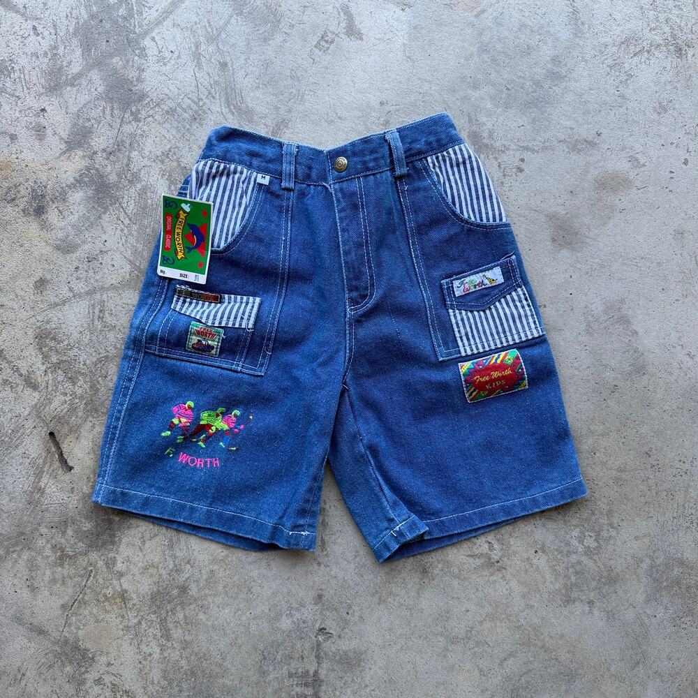 Vintage 80s Kids Embroidered Denim Jorts Shorts NWT Size M Patchwork